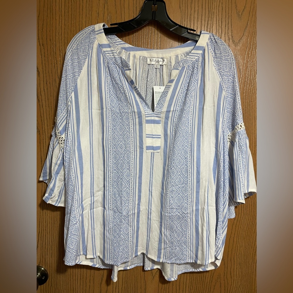 Blue and White Blouse with Vertical Stripes and Flared Sleeves